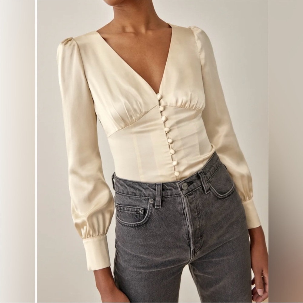 Reformation Cadence Button-Up Silk Top in Almond